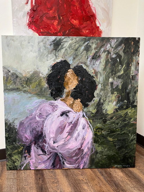 Open Your Timid Voie is a 36 x 36 original oil painting by Kentucky artist Shakia Harris featuring a Black woman surrounded by an expressive, textured landscape. This contemporary figurative artwork explores vulnerability, self-expression, quiet strength, and the courage to step into your own voice. Rich layers of oil paint, palette-knife texture, lavender and pink tones, and deep natural greens create a captivating sense of movement and emotion. Discover original Black figurative art and expressive contemporary paintings for your home or art collection.