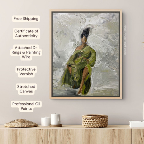 You and I Make Sense by Shakia Harris, original 16x20 oil painting featuring an expressive female figure in an olive green dress against a heavily textured white and gray abstract background. Contemporary impressionist figurative artwork with rich palette knife texture and modern neutral color palette.