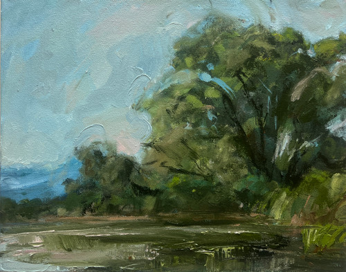 Discover A Path Bathed in New Light, an original textured oil landscape by award-winning artist Shakia Harris, featuring lush greens, luminous blue skies, and expressive brushwork.