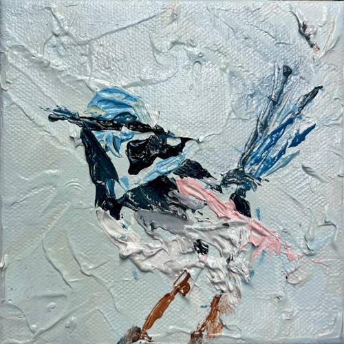 We’re Made to Love is a 5x5 original bird oil painting by Kentucky artist Shakia Harris. This small textured painting features a single expressive bird emerging through layers of blue-gray, white, black, blush pink, and earthy brown oil paint. Created with expressive, heavily textured marks, the artwork combines impressionistic abstraction with recognizable bird imagery to explore themes of love, longing, vulnerability, and connection. The compact 5x5-inch size makes this original artwork perfect for a small gallery wall, shelf, bedroom, office, or intimate art collection. For collectors who love contemporary original oil paintings with emotional meaning and rich surface texture, We’re Made to Love offers a quiet yet powerful statement about our innate desire to love and be loved.