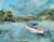 Waiting there for you Cartagena Colombia canvas print featuring a textured impressionistic coastal landscape, colorful boat, Caribbean water, and expressive oil painting details.
