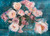 Original oil painting “Perfect for the Time Being” by Shakia Harris featuring a large impressionist bouquet of roses and peonies in blush pink, ivory, and soft brown tones set against a deep blue-green background, with expressive brushstrokes and textured drips, ideal for modern living room or bedroom wall art.