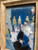 Original 4x6 textured oil painting titled "Funny How Time Flies" by Shakia Harris, featuring an impressionistic abstract scene in deep blue, soft gray, and warm golden tones, framed in natural wood.