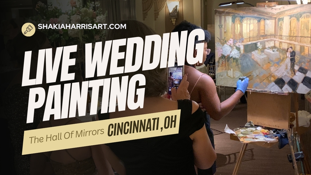 Completed live wedding painting by Shakia Harris, Kentucky-based wedding artist, inspired by Olivia and Adam’s downtown Cincinnati celebration hilton netherlands plaza