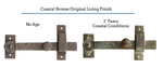 This bronze gate hardware has a living finish that changes over time in reaction to the environment and usage. This bronze gate hardware has a living finish that changes over time in reaction to the environment and usage.