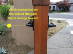 Latch is installed on the side of the gate that it swings toward. Latch is installed on the side of the gate that it swings toward.