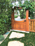 Arts & Crafts gate with mortise and tenon joinery, latched by Coastal Bronze Contemporary Lever Gate Latch 60-360. Arts & Crafts gate with mortise and tenon joinery, latched by Coastal Bronze Contemporary Lever Gate Latch 60-360.