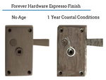This bronze gate hardware has a living finish that changes over time in reaction to the environment and usage.