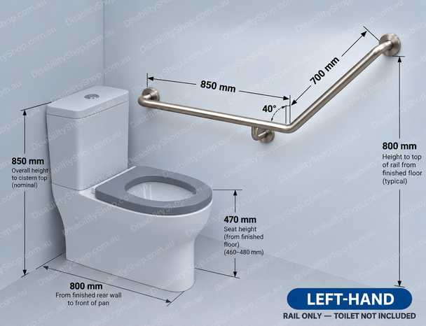 Toilet Rail 32mm Stainless 40° Bend 850 x 700mm - Left Hand - Dimensions