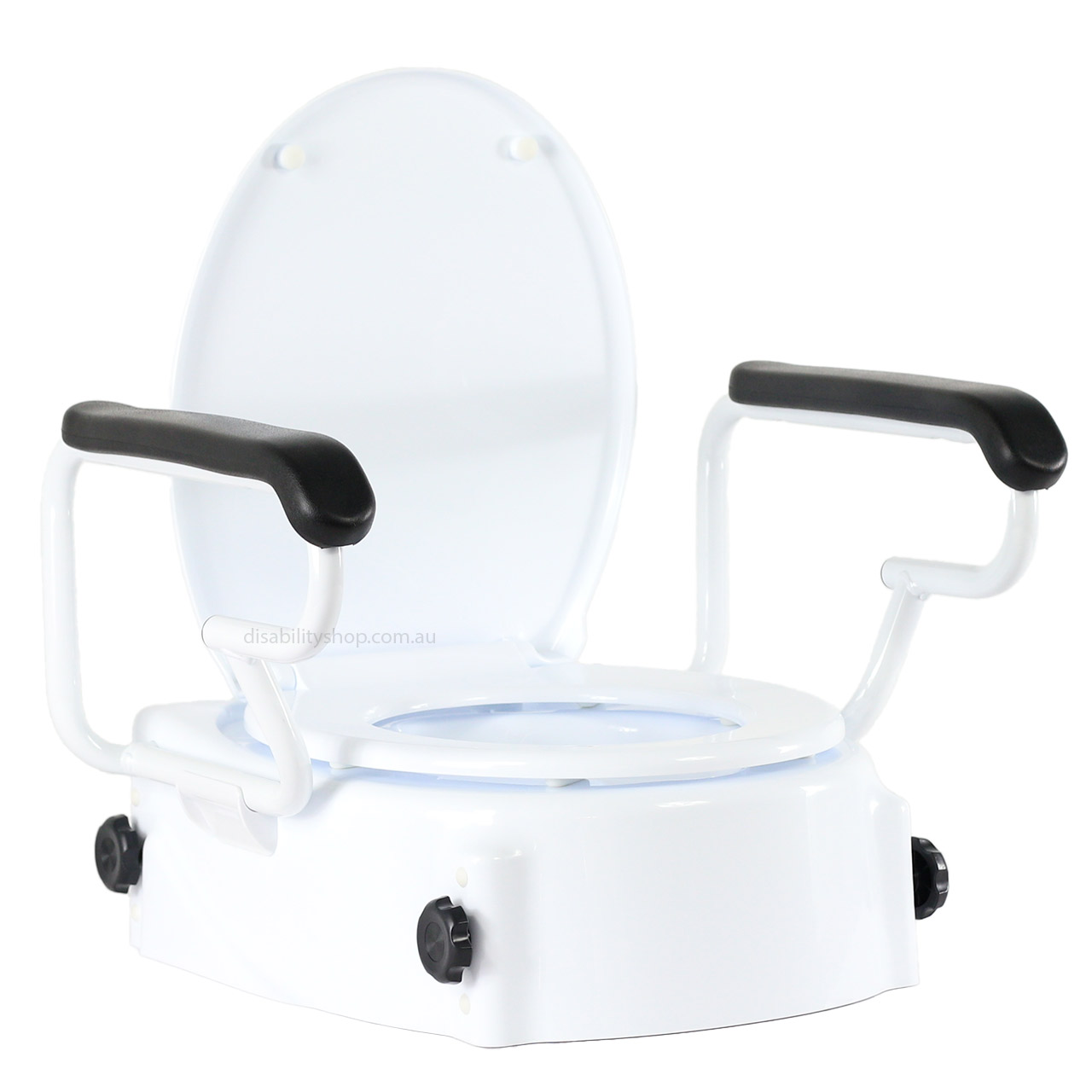 Raised Toilet Seat Height Adjustable with Arms - Front Right View