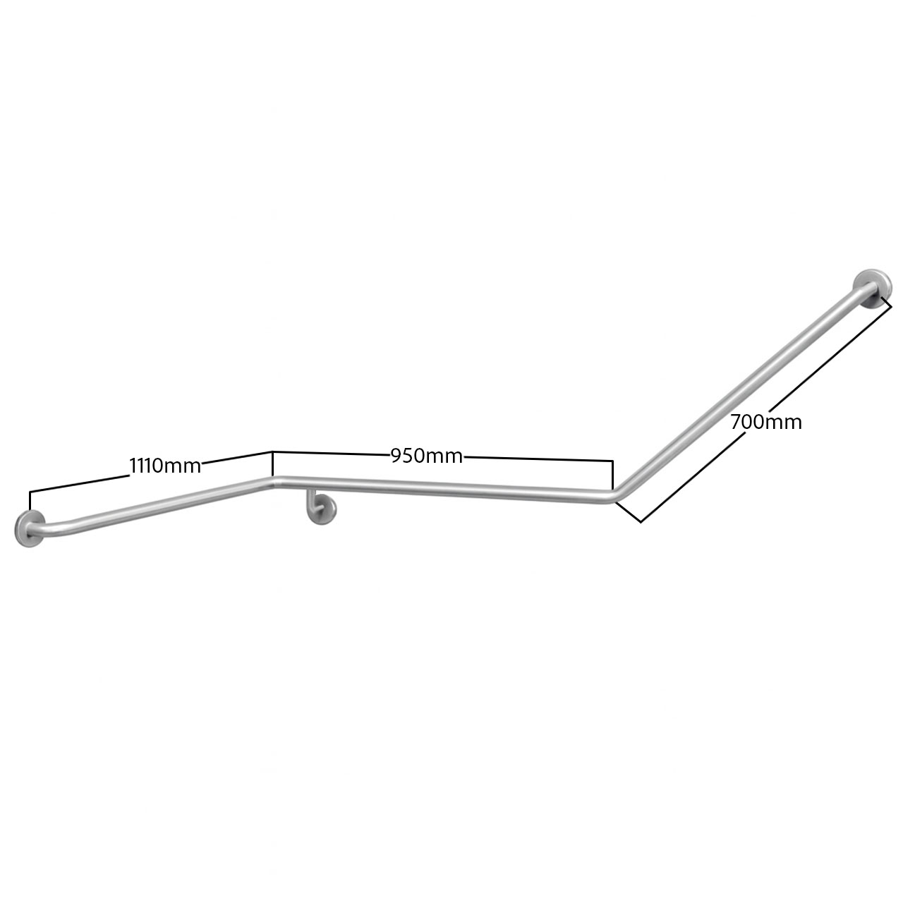 Contenda Toilet Rail 32 mm Stainless Ergonomic Bend 1110 x 950 x 700 mm Left Hand - Dimensions