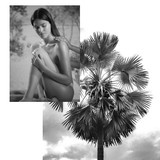Black and white artistic composition of woman in peaceful pose overlaid with palm fronds against cloudy sky