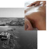 Collage combining black and white Saint-Malo aerial view with image of spa treatment showing exfoliating body scrub application