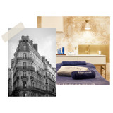Collage featuring classic Parisian architecture in black and white alongside luxury spa treatment room with gold accents, marble counters, and folded towels