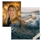 Collage of Lenette Casper's portrait with warm autumn background paired with ocean wave splashing against rocks at sunset