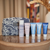 Phytomer Travel Pouch with travel sized Rosee Visage Toning Makeup Remover Lotion 50 ml,  Rosee Visage Skin Freshness Cleansing Gel 15 ml,  Oligomer Well-Being Sensation Moisturizing Body Cream 15 ml,  Citylife Face and Eye Sorbet Cream 15 ml,  and Hydrasea Night Plumpling Creamy Cream 15 ml.
