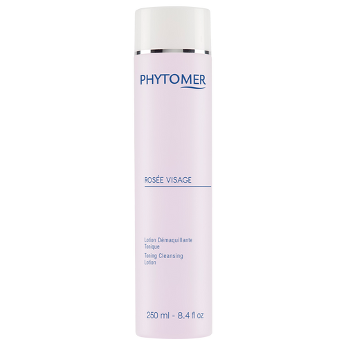 A full view of a pink Phytomer Rosée Visage Toning Cleansing Lotion bottle (250 ml - 8.4 fl oz) with a white cap. A full view of a pink Phytomer Rosée Visage Toning Cleansing Lotion bottle (250 ml - 8.4 fl oz) with a white cap.