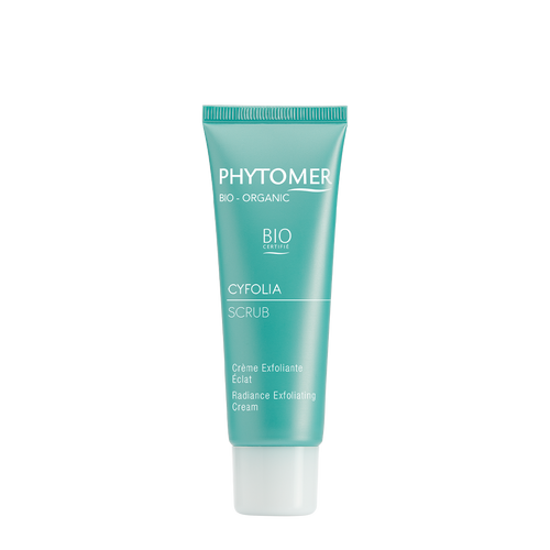 Front view of Phytomer Bio-Organic Cyfolia Scrub tube in turquoise packaging for radiance exfoliating cream. Front view of Phytomer Bio-Organic Cyfolia Scrub tube in turquoise packaging for radiance exfoliating cream.