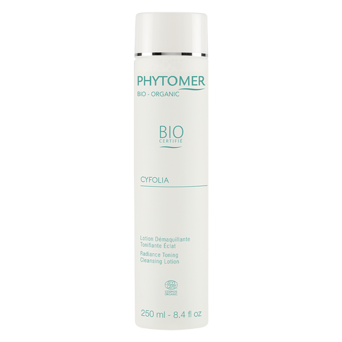 White Phytomer Bio-Organic Cyfolia cleansing lotion bottle (250ml) with turquoise branding.