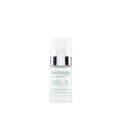 A white tube of Phytomer Bio-Organic Cyfolia Contour Radiance Smoothing Eye Cream with chrome accents. A white tube of Phytomer Bio-Organic Cyfolia Contour Radiance Smoothing Eye Cream with chrome accents.