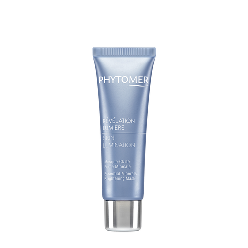 Blue Phytomer Révélation Lumière Skin Lumination tube displaying "Essential Minerals Brightening Mask" product information in French and English.