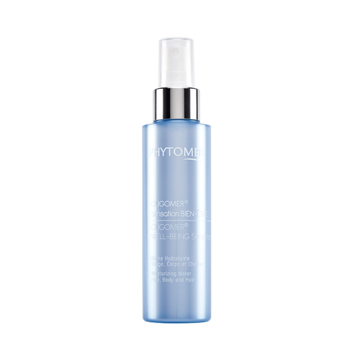 Blue Phytomer Oligomer Well-Being Sensation spray bottle with silver pump dispenser for moisturizing face, body and hair. Blue Phytomer Oligomer Well-Being Sensation spray bottle with silver pump dispenser for moisturizing face, body and hair.