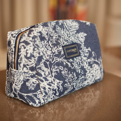 Phytomer Navy Travel Pouch with a seaside print. 
