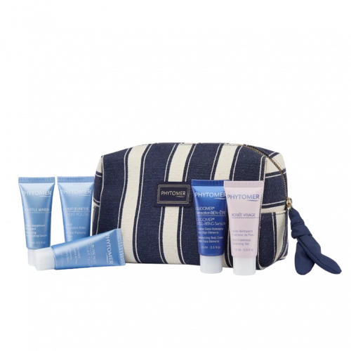 Phytomer Striped Cosmetic Pouch with a travel size Rosee Visage Toning Cleansing Lotion, 50 ml, Rosee Visage Skin Freshness Gel, 15 ml, Oligomer Well-Being Sensation Moisturizing Body Cream, 30 ml, Sublime Night Skin Renewing Smoothing Balm, 15 ml, and a Expert Youth Wrinkle-Plumping Cream, 15 ml