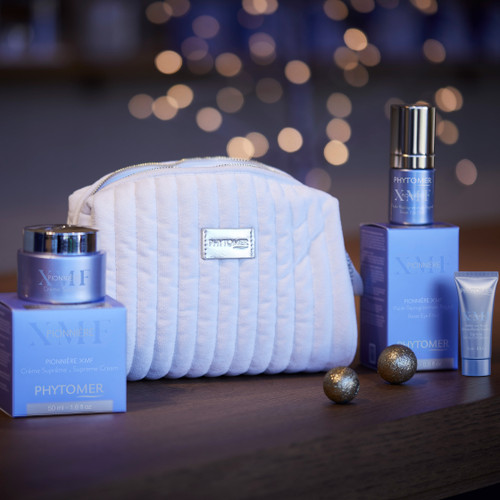 PIONNIÈRE XMF Youth & Glow Supreme Cream, 50 ml, next to a white velvet pouch and the PIONNIÈRE XMF Reset Eye Fluid, 15 ml and  (0) Write a Review Pionniere XMF Rich Cleansing Cream Travel, 15 ml.