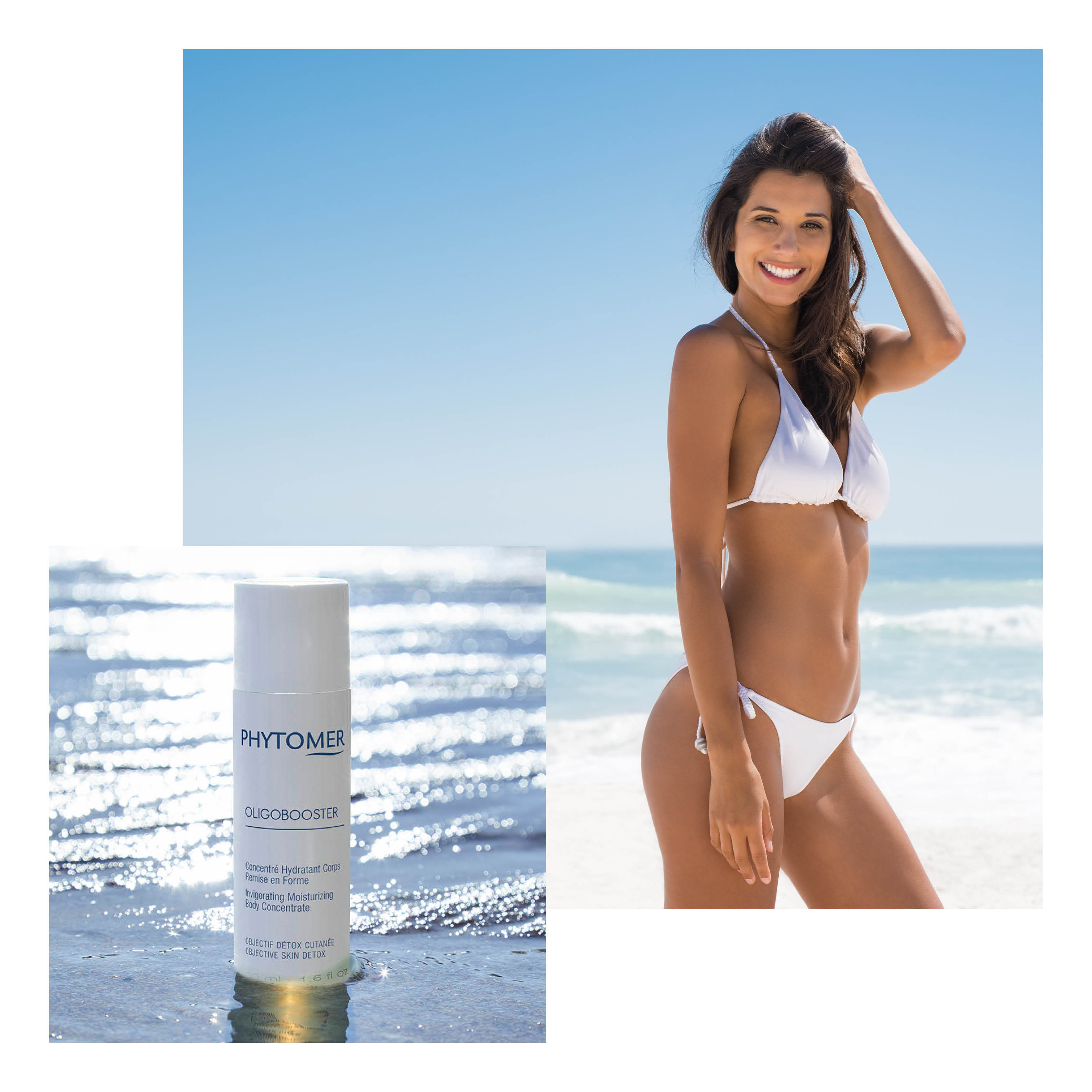 Woman in a bikini, smiling at the beach with the Oligobooster Invigorating Moisturizing Body Concentrate Travel