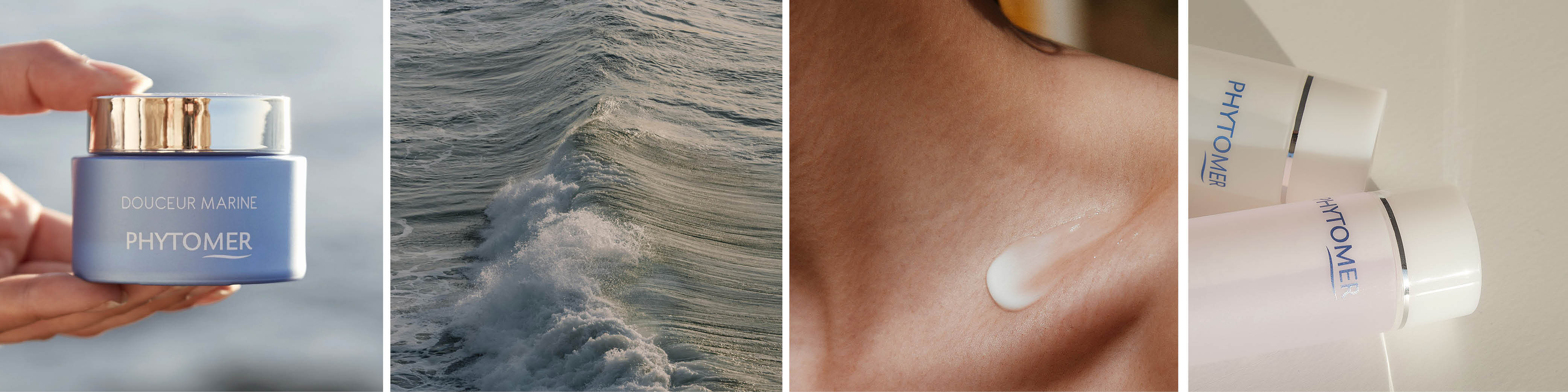 Four-panel image showing  Douceur Marine Cream, an ocean, a woman's clavicle and Phytomer's Rose Visage Toner.