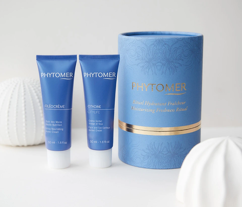 Phytomer Moisturizing Freshness Ritual gift box, Citylife face and eye contour sorbet cream, 50 ml and Oleocreme Ultra-Nourishing Hand Cream, 50 ml.