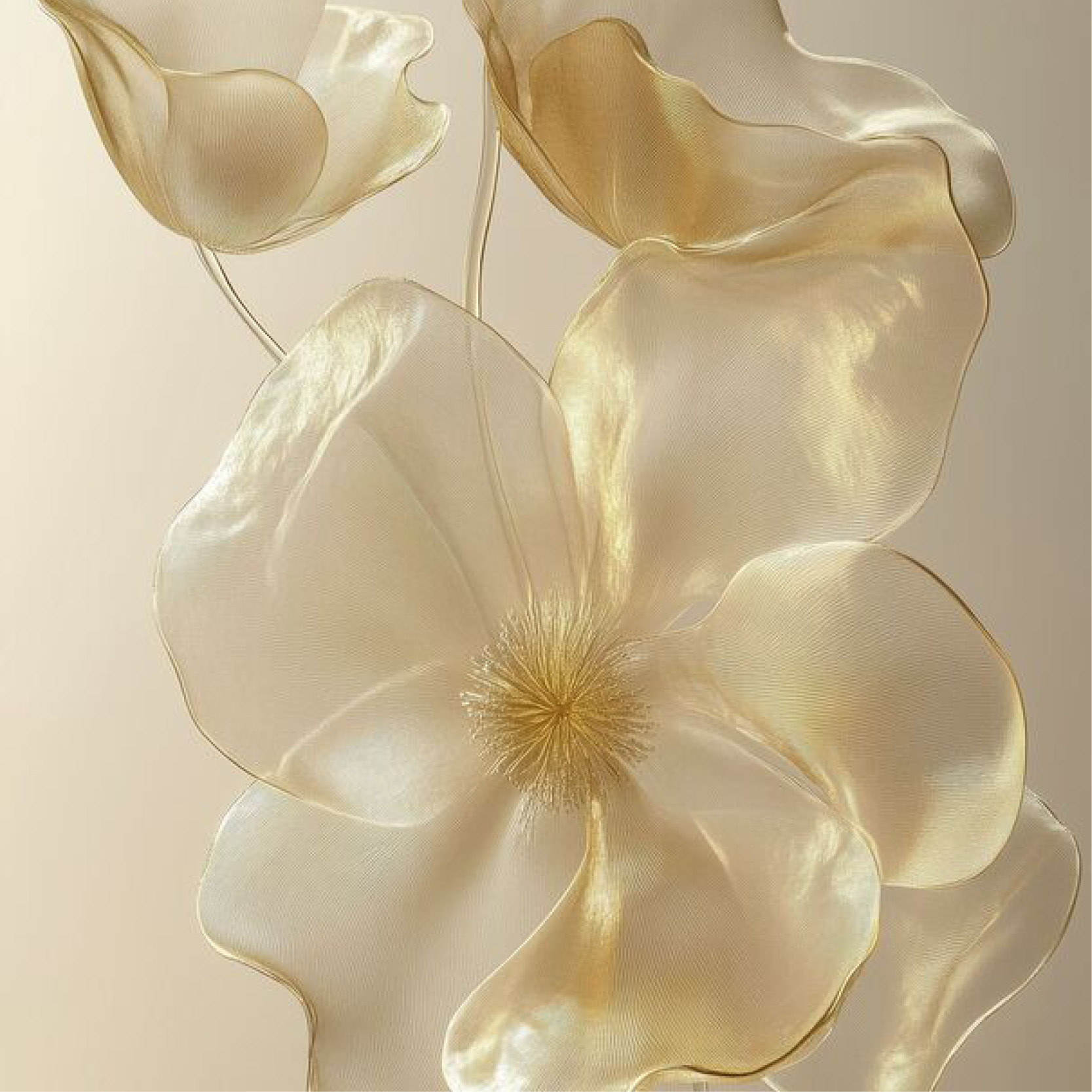 Delicate translucent golden flower with soft petals and luminous center on beige background