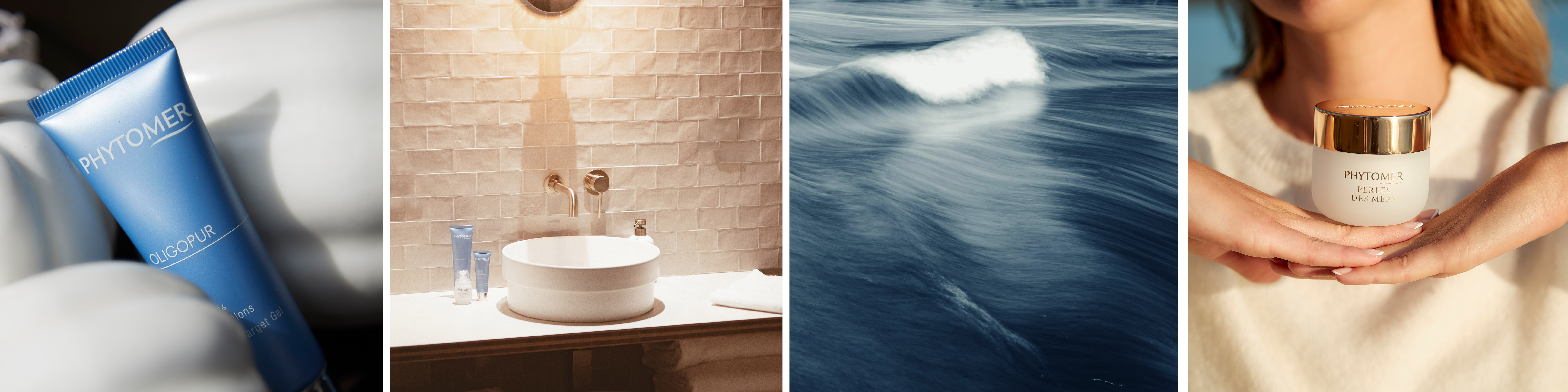 Four-panel image showing Phytomer Oligopur blue tube, modern bathroom with round sink and beige tiles, ocean waves, and hands holding Phytomer Perles des Mers cream jar