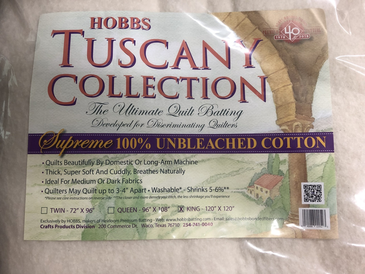Hobbs/Tuscany Supreme Loft 100% Cotton Batting, King (120 X 120)