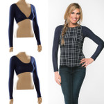 Navy blue jersey in a fitted long sleeve adds beautiful arm coverage to your sleeveless tops and dresses. Reverse it, and wear the higher scoop side in front for cleavage cover, as well!