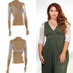 Fabric: 90% Nylon, 10% Spandex
Sleevey Wonders are reversible!  The v-neck and scoop neck Sleevey Wonders shown on the mannequin are the same pair worn in different ways!