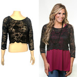 Over/Under Crop Top in Black Scallop Lace Sleevey Wonders