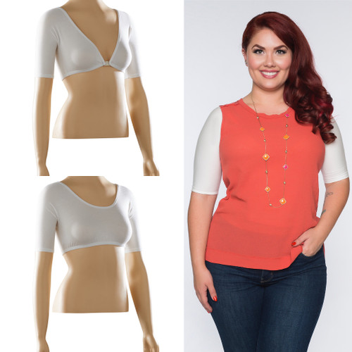 Reversible half sleeve in off-white jersey is the perfect light-weight arm coverage to wear under anything sleeveless! One side is a low v-neck with an easy clasp, and the other side is a higher scoop neck. It is made to be worn with either side in front or back!