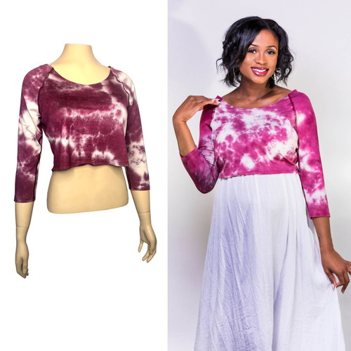 Over/Under Crop Top in Burgundy & White Tie Dye Jersey Sleevey Wonders