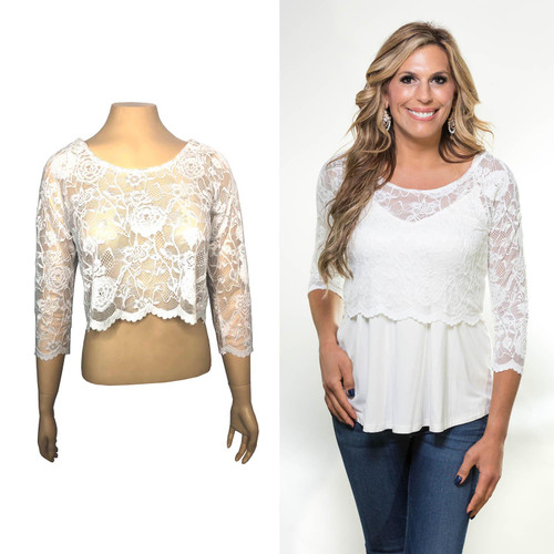 Over/Under Crop Top in White Scallop Lace Sleevey Wonders