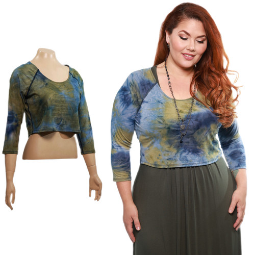 Over/Under Crop Top in Navy/Olive Tie Dye Jersey Sleevey Wonders -Plus Size