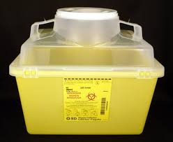 BD 300443 13.2L nestable sharps collector. Yellow base, natural top with small funnel entry (300443)