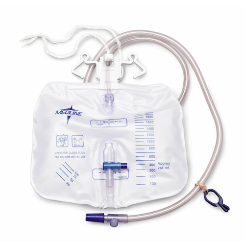 Medline DYND15205 (CS/20) Economical Urinary Drain Bag w/ Anti-reflux Tower, Slide-Tap drainage port Latex-free 2000ml
