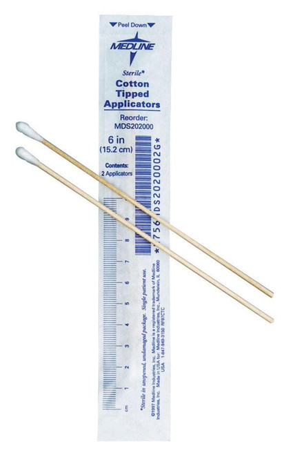 Medline - MDL MDS202000 - BX/100PKG (2/PKG) COTTON TIP WOOD APPLICATOR W/ MEASUREMENT GUIDE, 6IN, STERILE