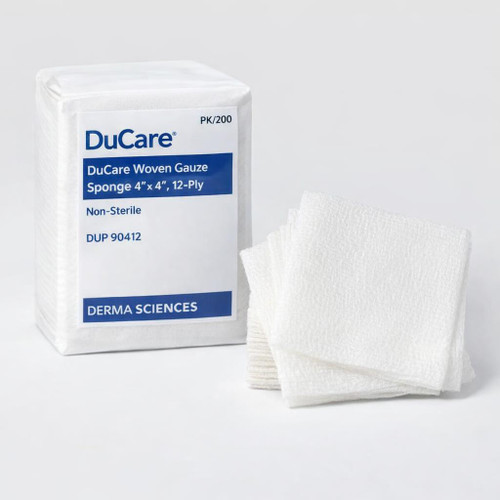 DuCare (Derma Sciences) Woven Gauze Sponge 4" x 4", 12‑Ply — Non‑Sterile, Pack of 200 (DUP 90412) — Three‑quarter hero with pack sleeve visible
