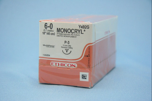 Johnson & Johnson Systagenix - JNJ Y492G - BX/12 SUTURE PLASTIC P-3 NEEDLE MONOCRYL UNDYED MONO SIZE 6 18INCH