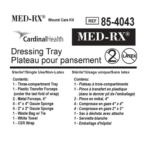 Canadian Hospital Specialties - MEDRX 85-4043 - EA/1 DRESSING TRAY STERILE LATEX-FREE 3-PART TRAY FORCEPS GAUZE TOWEL CSR WRAP BAG W/ TIE