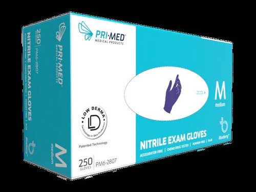 Primed - PM 6-2807 - BX/250 Blueberry Accelerator Free Nitrile Exam Glove, Chemo Drug Tested, Powder-Free, Berry Blue, Me
