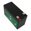 Side angle view highlighting the battery's compact design and build quality for APC RBC2 replacement battery. Compatible with BK420C UPS models. 12V 7Ah battery with T2 terminals.